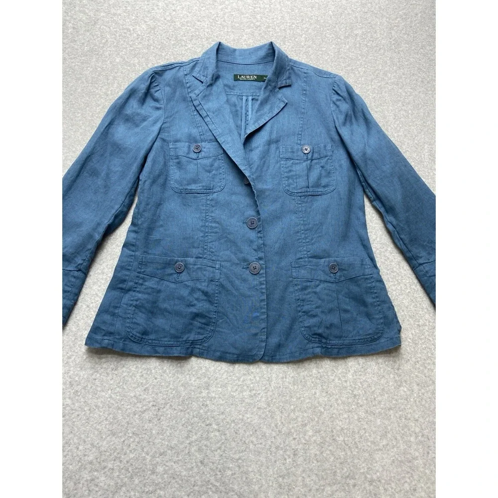 Lauren Ralph Lauren Blazer Womens 6P Blue 100%‎ Linen Utility Safari Jacket